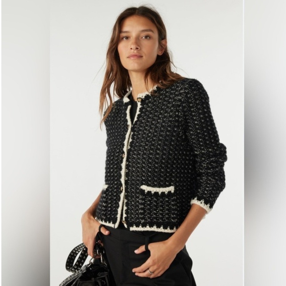 Ba&sh Lady Jacket Black Boucle Contrast‎ Trim Gold Button Cropped Blazer Size 1